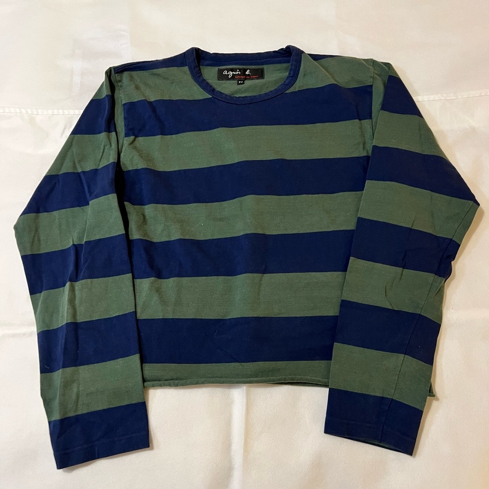 Long sleeve Mariniere sweatshirt green and blue striped French small - Picture 2 of 10